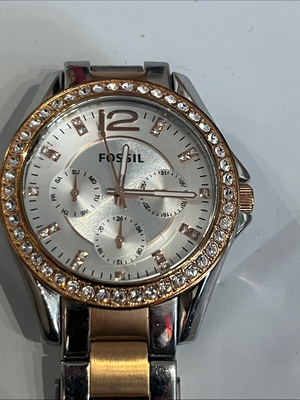 Fossil Two-Tone Rose Gold and Silver Crystal Accent Women's Watch three dual
